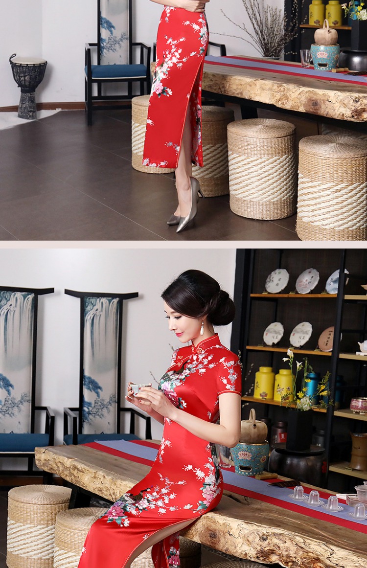Sườn xám 2019 mới cho mẹ đầm mùa hè size lớn được cải tiến dài tay ngắn chia đôi trang phục sân khấu retro váy đầm cho người 60 tuổi
