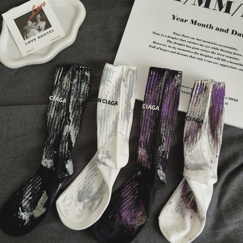 Buy Three Pairs and Get  Free, New European Style Purple Painted Dirty Socks, Trendy and Unique Mid-Calf Cotton Socks for Men and Women