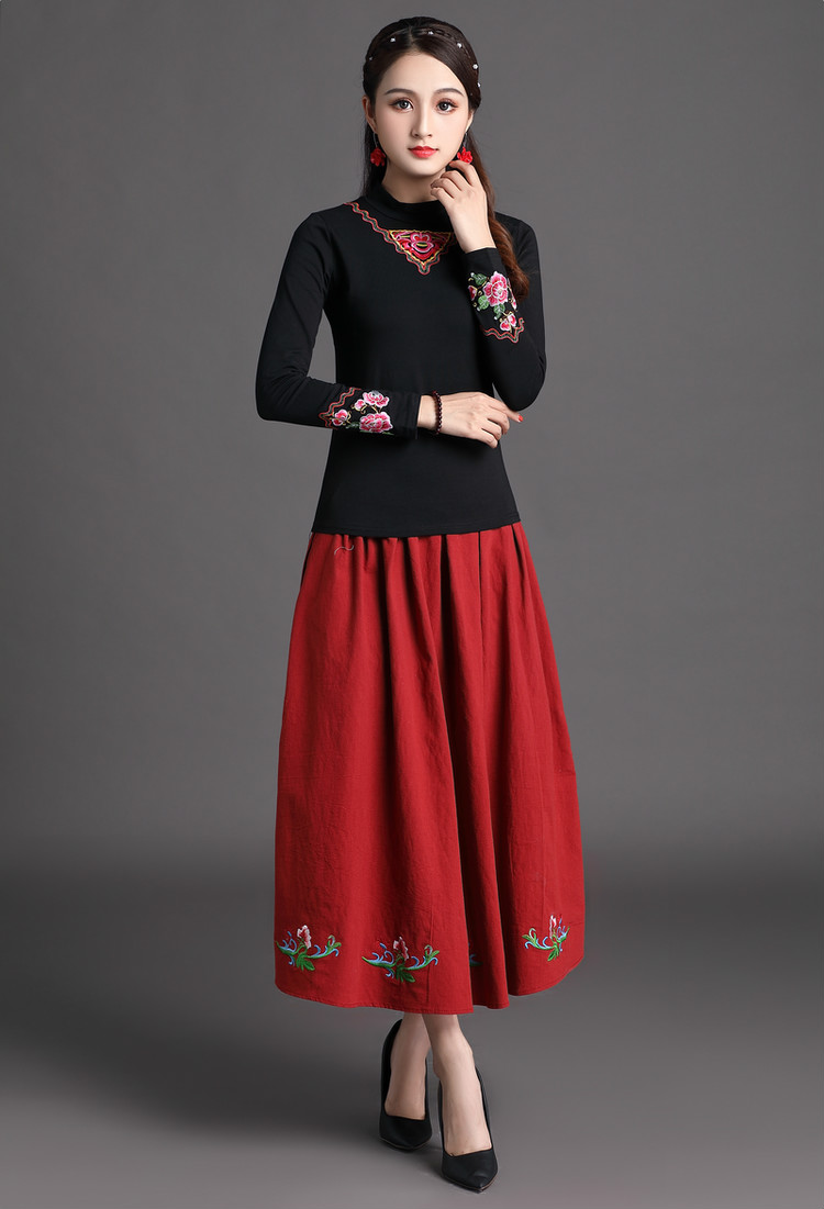 Áo thun nữ phong cách quốc gia mùa thu đông mới Áo cotton phong cách Trung Quốc Thêu áo thun size lớn áo thun nữ - Áo phông áo form rộng nữ tay lỡ