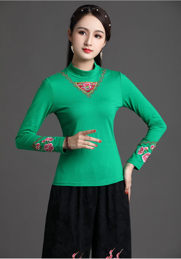 Áo thun nữ phong cách quốc gia mùa thu đông mới Áo cotton phong cách Trung Quốc Thêu áo thun size lớn áo thun nữ - Áo phông áo form rộng nữ tay lỡ