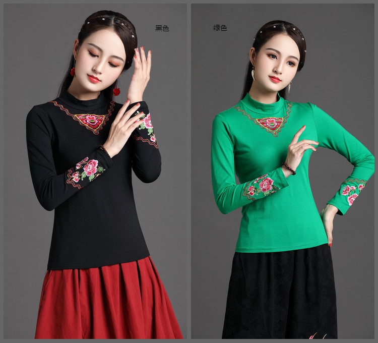 Áo thun nữ phong cách quốc gia mùa thu đông mới Áo cotton phong cách Trung Quốc Thêu áo thun size lớn áo thun nữ - Áo phông áo form rộng nữ tay lỡ