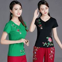 Áo phông nữ quốc gia 95 cotton mùa hè thêu tay ngắn thon gọn áo thun nữ cỡ lớn áo sơ mi thêu phong cách Trung Quốc - Áo phông áo thun tay lỡ