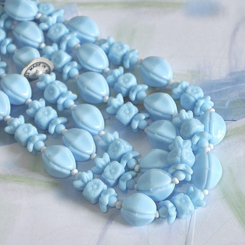1930S Czech Vintage Glass Bead Necklace, Retro Light Blue Floral Beads, 1 Piece with Certificate