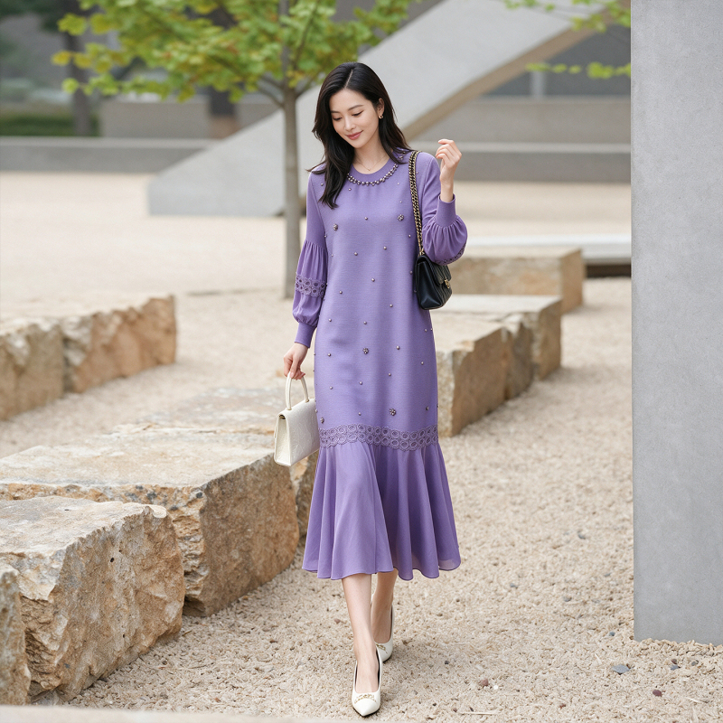 2026 Autumn New High-End Purple Elegant Long-Sleeve Patchwork Pleated Dress Slimming Long Dress 2026 Autumn New High-End Purple Elegant Long-Sleeve Patchwork Pleated Dress Slimming Long Dress