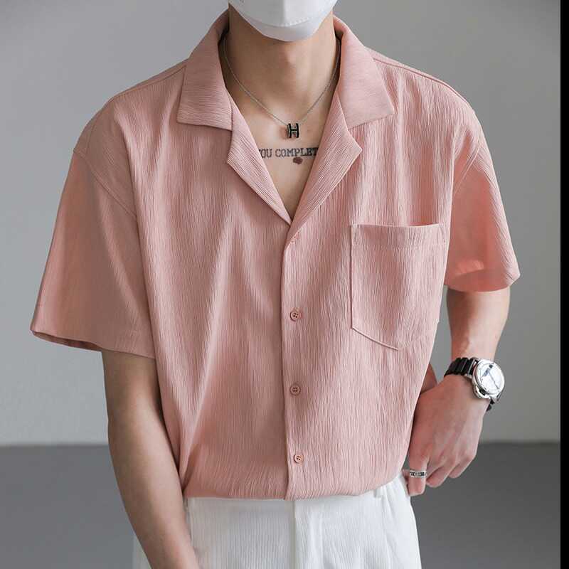 Cuban Collar Short-Sleeved Shirt for Men, Summer Trendy Brand, High-End Feel, Loose and Mature Style, ins Drapey Ice Silk Beach Shirt