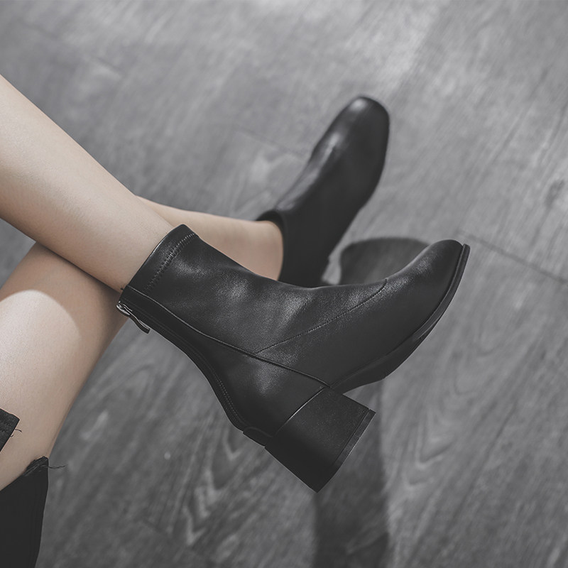 (Flush without conceding no change) coarse heel Short boots Women 2021 Single boots New with Martin High heel Thin boots