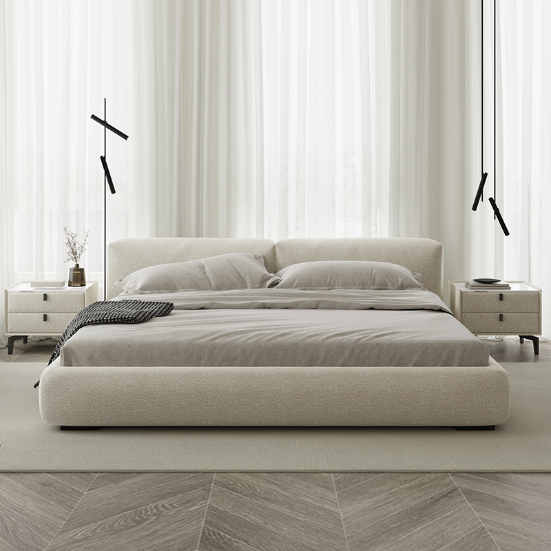 Modern Minimalist Beech Wood Bed with a Wabi-Sabi Style, Fabric Bed with a Cream-Colored Cat-Scratch-Resistant Fabric Modern Minimalist Beech Wood Bed with a Wabi-Sabi Style, Fabric Bed with a Cream-Colored Cat-Scratch-Resistant Fabric