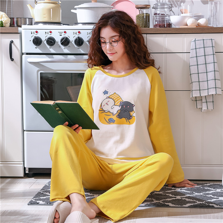 Bộ đồ ngủ nữ mùa xuân và mùa thu dài tay cotton phù hợp với kích thước lớn nữ dễ thương cotton mùa đông phục vụ nhà mùa hè áo ngủ 2 dây