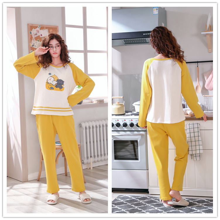 Bộ đồ ngủ nữ mùa xuân và mùa thu dài tay cotton phù hợp với kích thước lớn nữ dễ thương cotton mùa đông phục vụ nhà mùa hè áo ngủ 2 dây