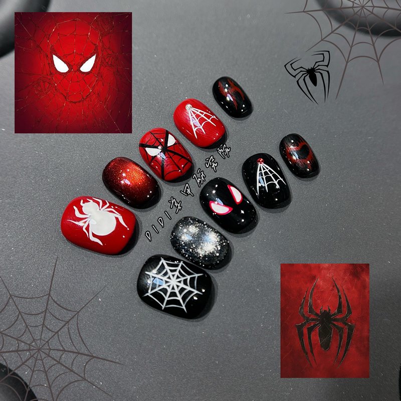 Spider-Man Wearing Armor Short Style Cat-Eye Hand-Painted High-End Black and Red Cool Handmade Nail Art for Boys and Girls Spider-Man Wearing Armor Short Style Cat-Eye Hand-Painted High-End Black and Red Cool Handmade Nail Art for Boys and Girls