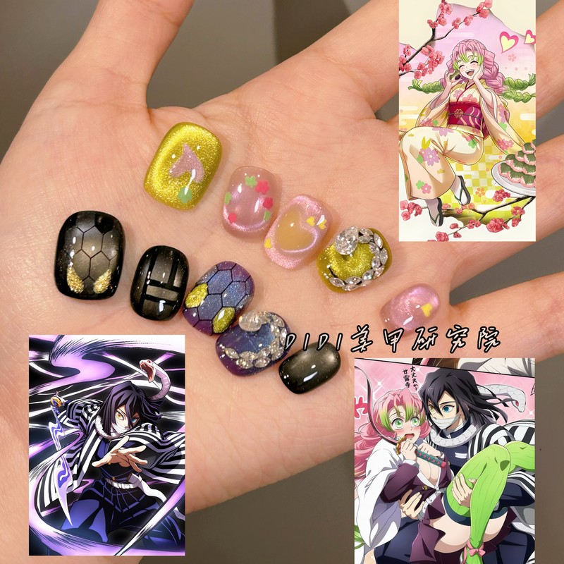 Demon Slayer: Kimetsu No Yaiba, Ena Kiriya, Kanroji Mitsuri, Short Nail Art with Cat Eye Effect, Cosplay, Anime, Handmade Nail Art