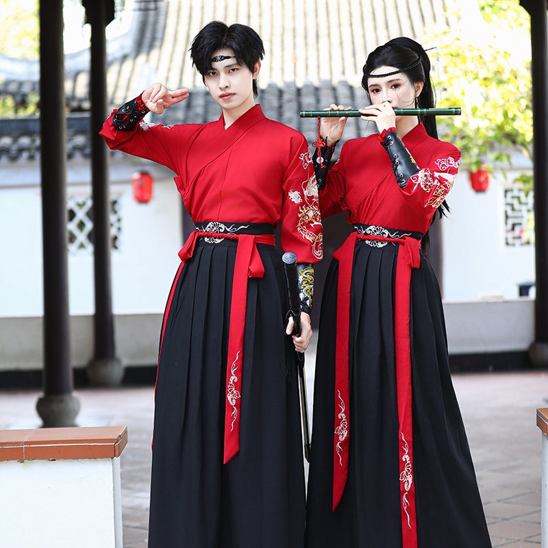 Original Double Dragon Embroidery Red Traditional Long-Sleeved Couple Hanfu Men's and Women's Ancient Costume Swordsman Style Student Performance Outfit Set Original Double Dragon Embroidery Red Traditional Long-Sleeved Couple Hanfu Men's and Women's Ancient Costume Swordsman Style Student Performance Outfit Set