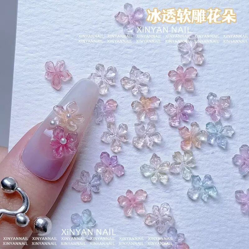 ins Fresh and Clear Five-Petal Flower Nail Art Decorations, Three-Dimensional Transparent White and Pink Blue Colorful Small Flower Nail Decorations