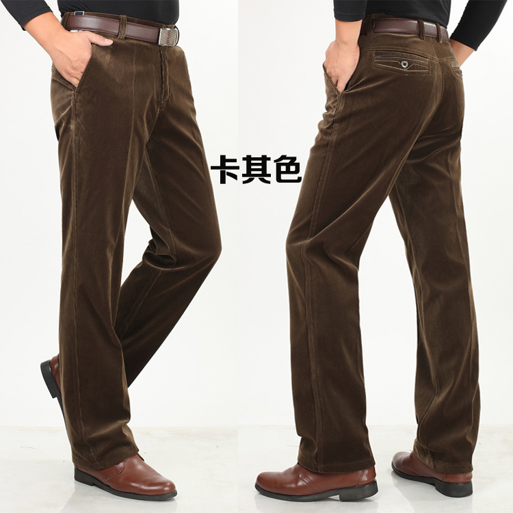 Quần nhung kẻ nam mùa thu đông cộng với quần nhung dày trung niên nhung cao eo thẳng quần dài giản dị quần nam quần giữ nhiệt nam