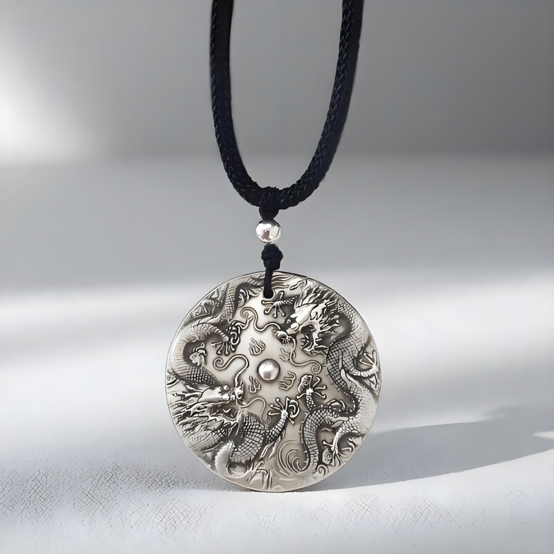 Dragon Pendant Pure Silver 999 Sterling Silver Necklace Men and Women Double Dragon Play Beads Zodiac Dragon Brand Solid Round Plate Pendant Keychain