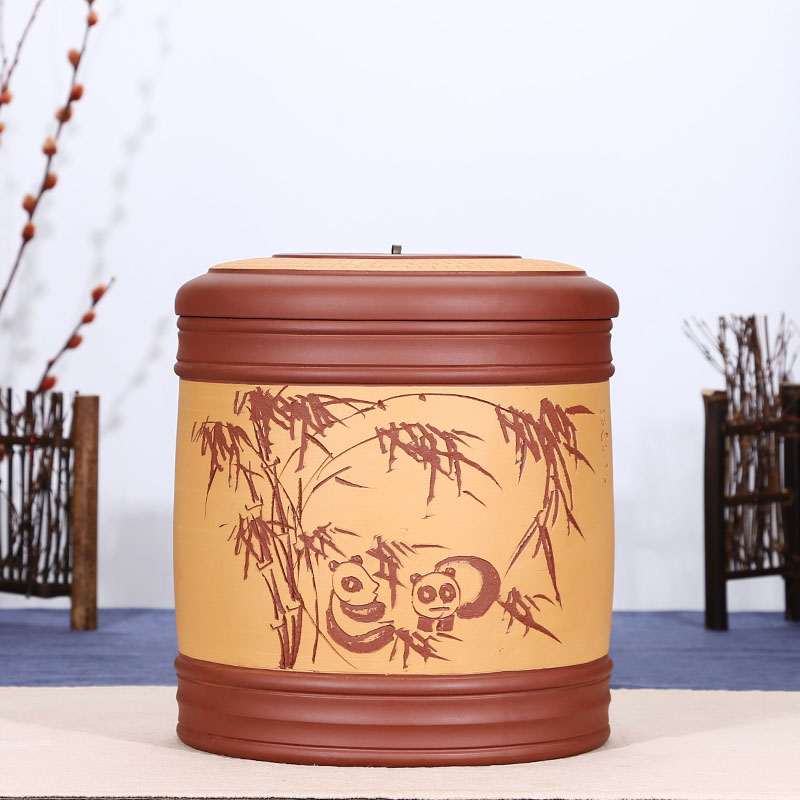 Old Yixing purple sand pot Pu'er tea jar Coarse ceramic sealed storage tea pot Seven cakes special carved painted plum orchid bamboo chrysanthemum