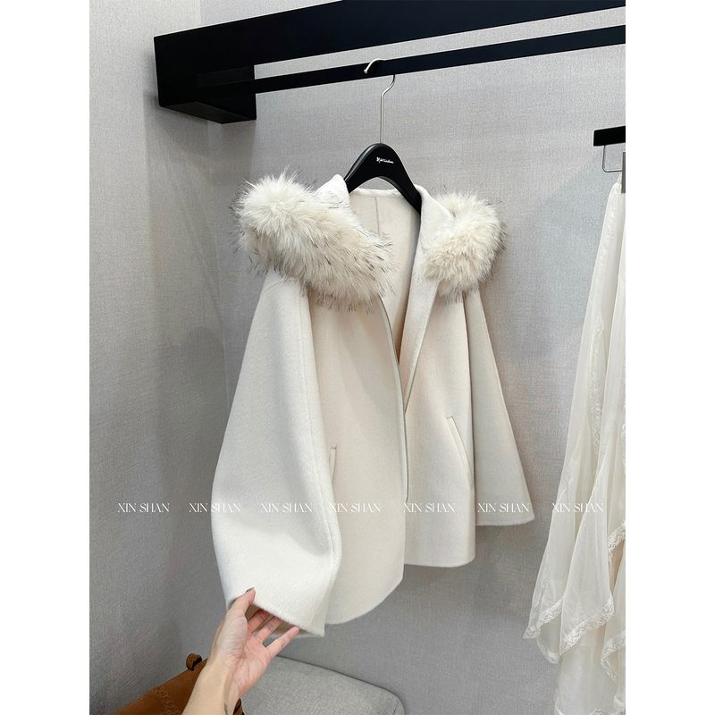 Xinshan Fox Fur Collar Hooded Cape Coat 2026 New Style Lazy Style Faux Fur Coat for Women