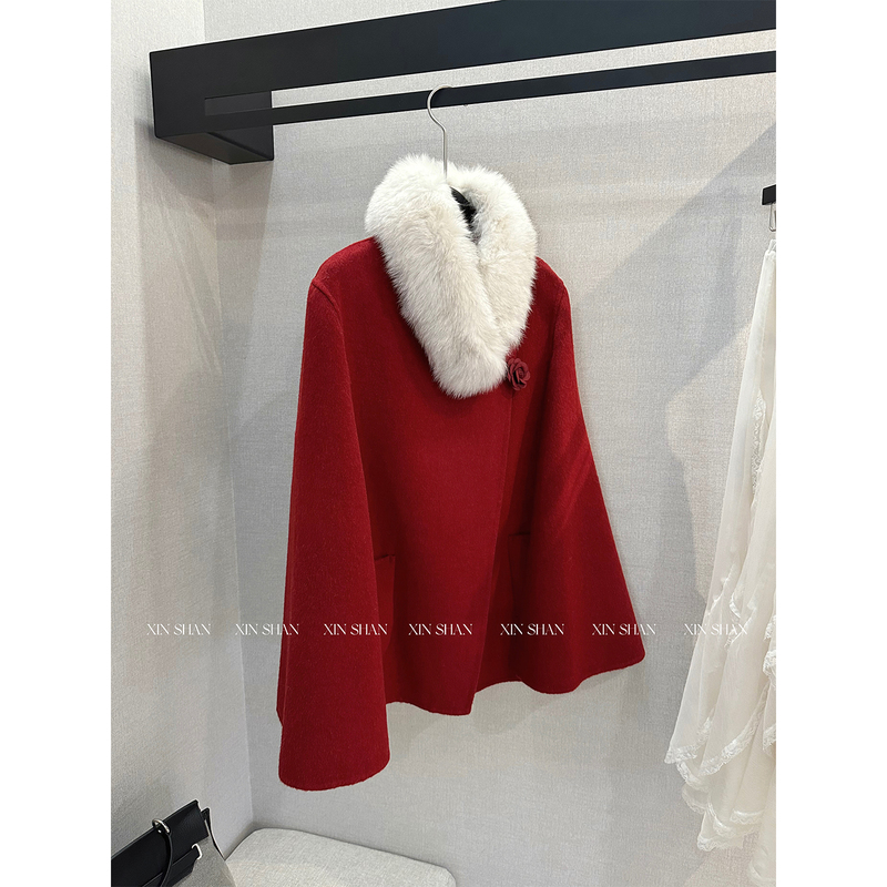 Xinshan Fox Fur Collar Wool Cape Coat for Women, Elegant and High-End Faux Fur Coat