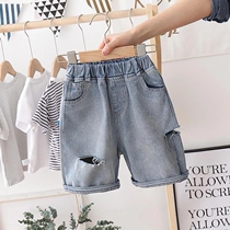 2021 summer boys shorts thin section baby outer wear five-point pants trendy childrens foreign style casual ripped jeans