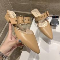 (M Hot) Baotou Half Slippers Womens Thick Heel Slippers 2024 New Low Heel Pointed Toe Medium Heel Simple Fashion Belt