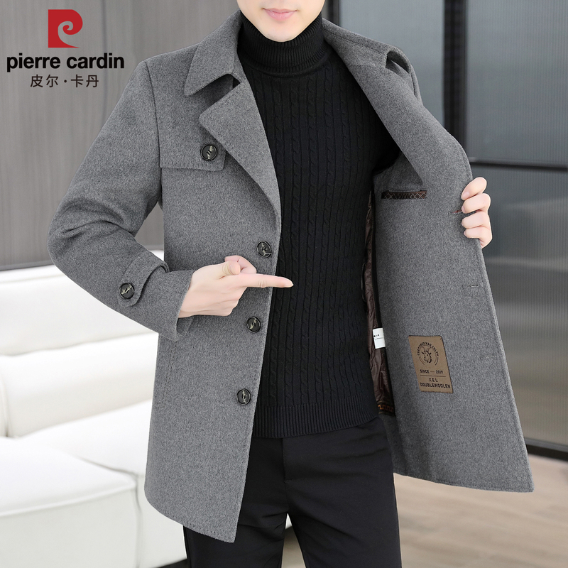 Pierre Cardin Double-Sided Wool Coat for Men, Mid-Length with down Lining, Thickened Trench Coat for Autumn and Winter