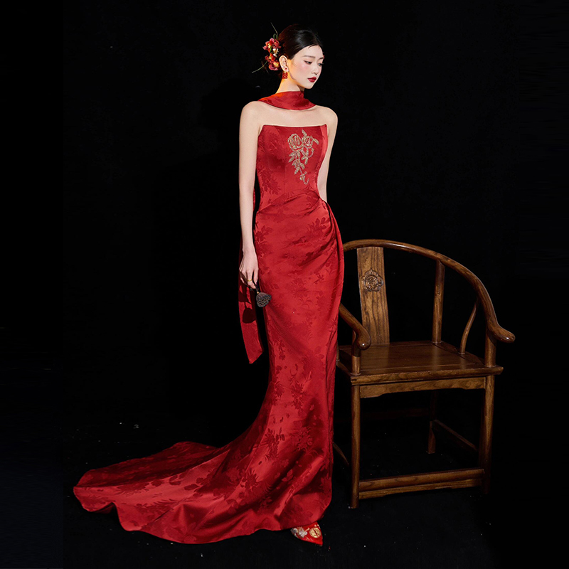 Bridal Toast Dress in Burgundy, High-End Niche Retro New Chinese Style Morning Gown, Strapless Engagement Homecoming Fishtail Dress Bridal Toast Dress in Burgundy, High-End Niche Retro New Chinese Style Morning Gown, Strapless Engagement Homecoming Fishtail Dress