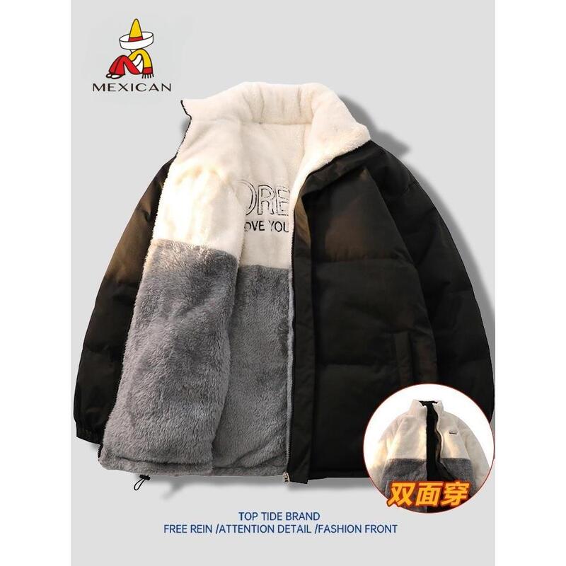 Scarecrow Double-Sided down Cotton Jacket for Men, Winter American-Style Lamb Wool Couple's Coat, Thickened Warm Embroidered Cotton Clothing Scarecrow Double-Sided down Cotton Jacket for Men, Winter American-Style Lamb Wool Couple's Coat, Thickened Warm Embroidered Cotton Clothing