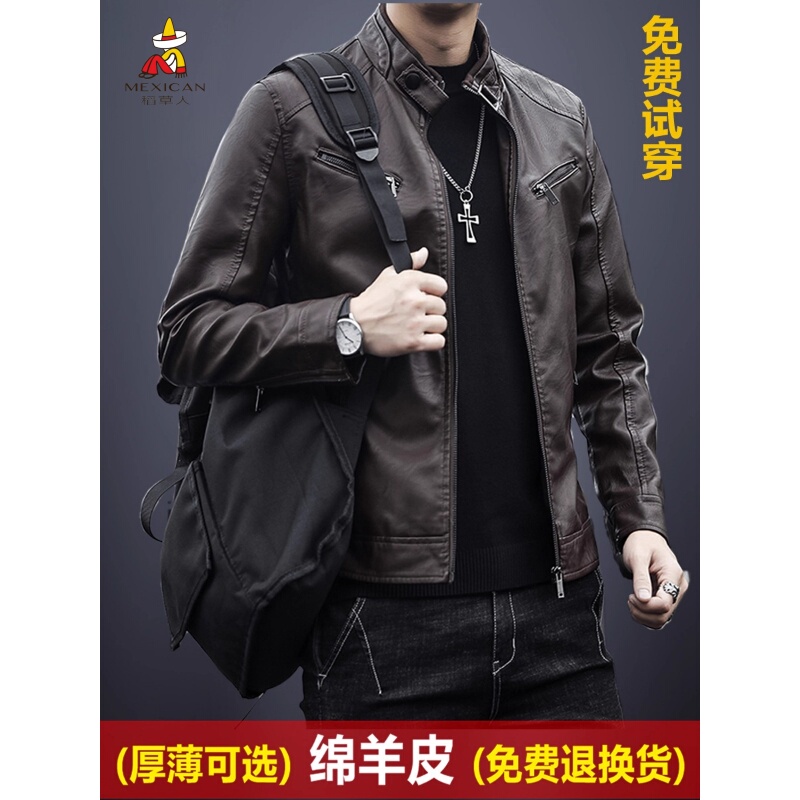 Scarecrow Genuine Men's Leather Jacket Autumn and Winter Fleece-Lined Tough Guy Motorcycle Sheepskin Retro Leather Jacket Coat