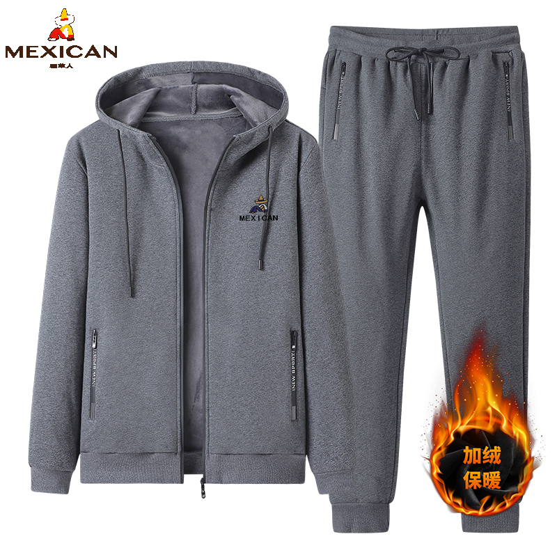 Scarecrow Genuine Pure Cotton Suit for Men, Autumn and Winter Fleece-Lined Hooded Cardigan Sweatshirt Jacket, Casual Sports Two-Piece Set for Men