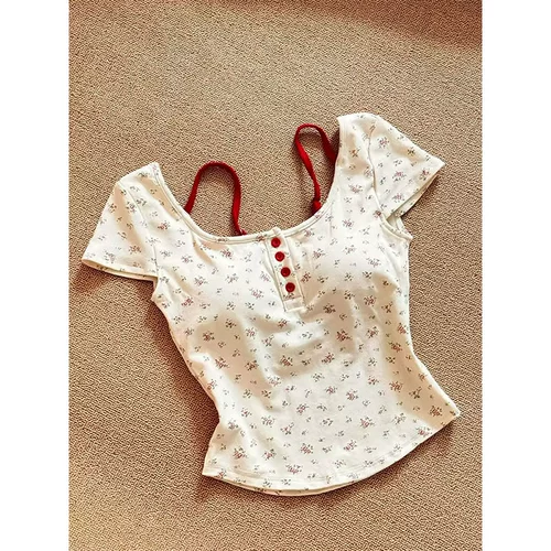 Комплект, летняя футболка с коротким рукавом, сексуальный короткий топ с чашечками, цветочный принт