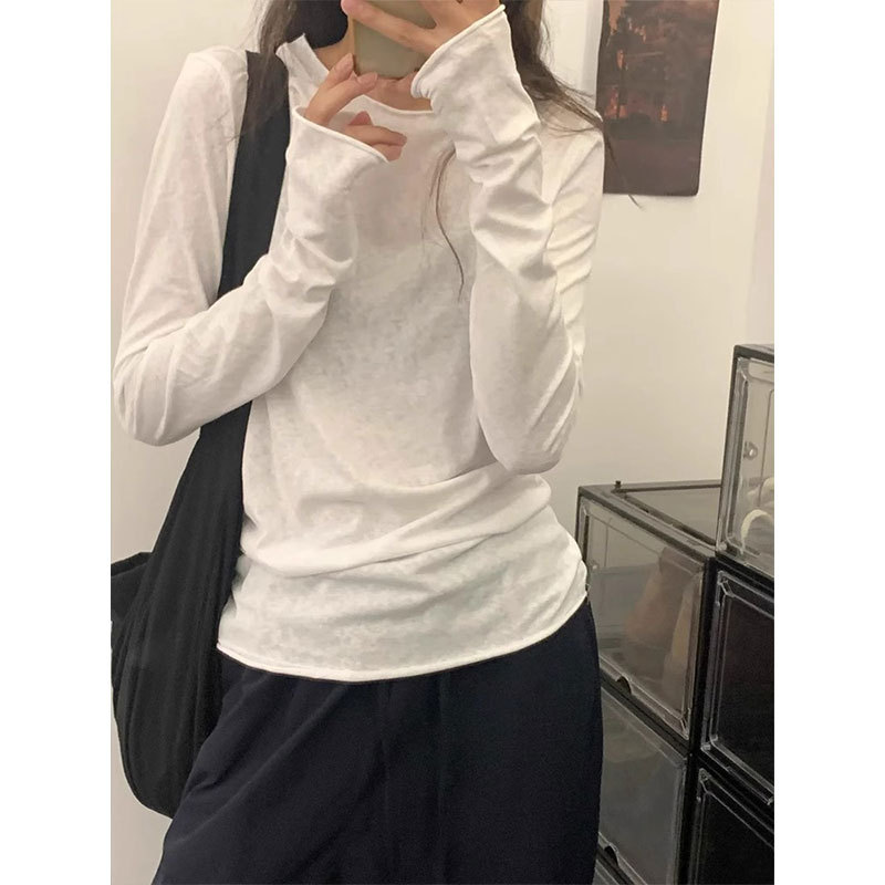 Korean-Style Rolled-Edge White Long-Sleeve T-Shirt for Women, Autumn Inner Layer, Slim Fit, Basic Versatile Top