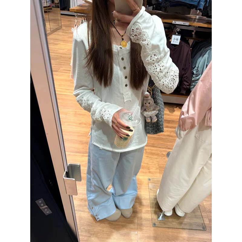 White Lace Hollow Embroidery Henry Collar Long-Sleeve T-Shirt for Women, Spring 2026 New Style, Summer Sun Protection Cover-Up Top White Lace Hollow Embroidery Henry Collar Long-Sleeve T-Shirt for Women, Spring 2026 New Style, Summer Sun Protection Cover-Up Top
