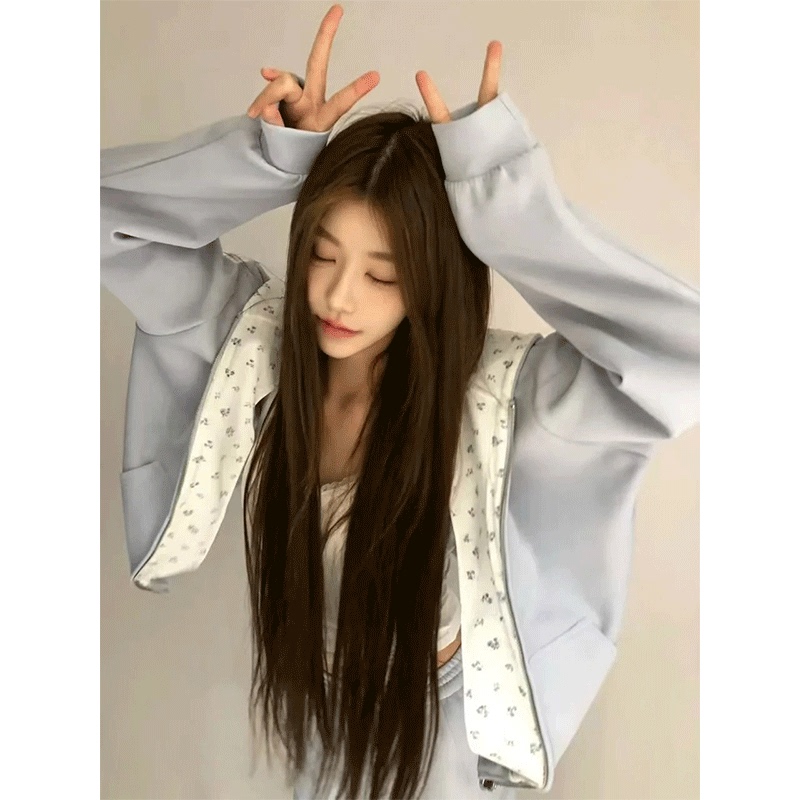Korean-Style Milk Blue Floral Patchwork Hooded Sweatshirt for Women, Autumn 2026 New Loose and Casual Zip-Up Cardigan Jacket