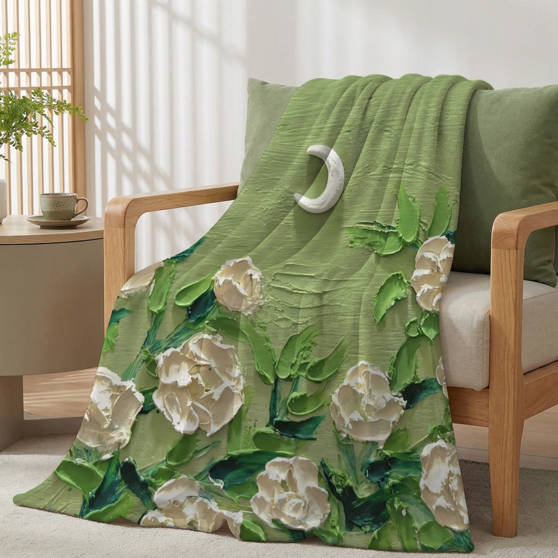 Light Luxury Oil Painting Print Flannel Blanket Green Office Nap Blanket Warm Blanket Office Area Soft Leisure Blanket for Women
