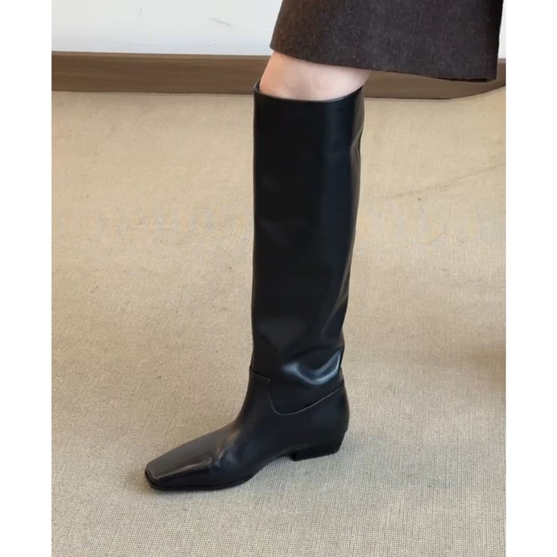 Calfskin Version! High-Top Riding Boots That Are Super Versatile and Comfortable, Black Square-Toe Straight Boots, Low-Heeled Over-The-Knee Long Boots Calfskin Version! High-Top Riding Boots That Are Super Versatile and Comfortable, Black Square-Toe Straight Boots, Low-Heeled Over-The-Knee Long Boots