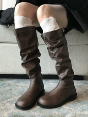 Западные Boots 显白！复古西部牛仔靴子女长筒靴不过膝棕色褶皱堆堆靴高筒骑士靴