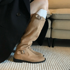 Западные Boots 显腿直！复古西部牛仔靴高筒不过膝棕色方头粗跟长筒骑士靴小个子