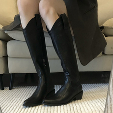 Западные Boots 敲显腿细长~西部牛仔靴不过膝v口黑色刺绣尖头粗跟长筒靴夏天薄款