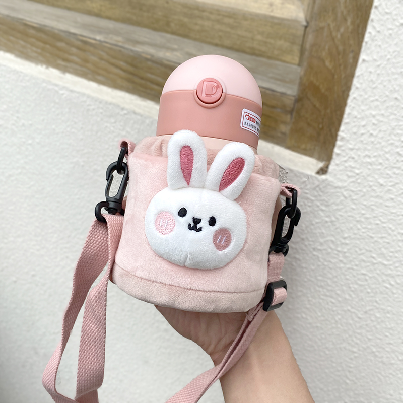 Skew Cross Children Insulation Cups Women With Straw Water Cups Mini Portable Elementary School Kids Cute With Plush Cup Sleeve Insulation Pot