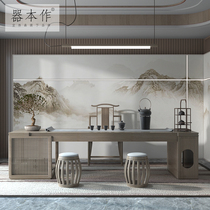 New Chinese large plate tea table log solid wood tea table and chairs Combined Zen Kung Fu Tea Table Office Tea Table Office