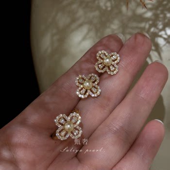 Zhenshe sterling silver four-leaf clover pearl earrings + ring