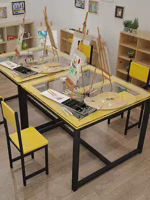 Primary school kindergarten desks and chairs Student training tables Handmade painting art tempered glass tables Tutoring class desks and chairs
