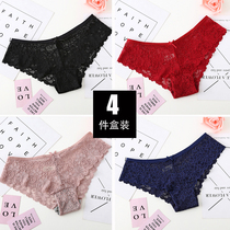  4-pack sexy lace transparent panties womens cotton crotch low-waist hollow underwear solid color comfortable low-waist briefs