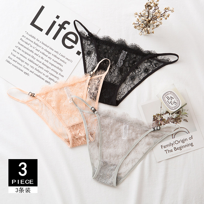 3 Dress Sexy Eyelash Lace Transparent Ladies Briefs European and American Girl Slim Clairvoyant Pants low waist triangular pants-Taobao