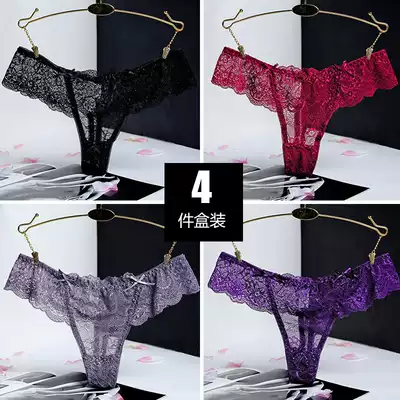 4-piece sexy lace transparent thong women cotton crotch hot temptation thong Invisible Girl underwear