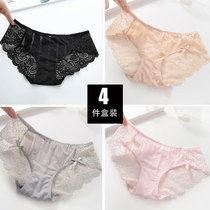  4 gift boxed lace transparent hot ladies cotton crotch panties Low waist striped sexy mesh fabric briefs