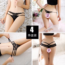  4-pack low-waist thong lace transparent large size sexy womens underwear hollow real lace-up T pants