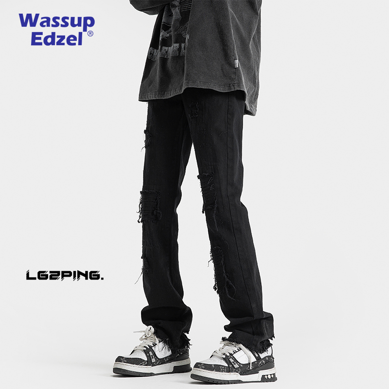 Wassup Edzel Ripped Jeans for Men, Autumn and Winter Trendy Brand, Slim Straight-Leg, Slightly Flared, American High Street Style Pants