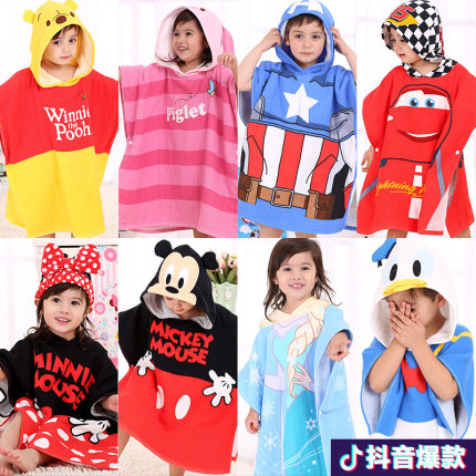 迪士尼儿童连带帽浴巾 抖音宝宝纯棉纱布斗篷