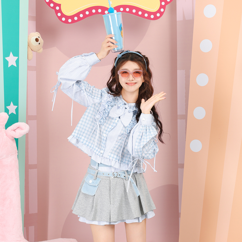 Spring Clothing with Wavy Placket, Drawstring Lantern Sleeves, Bunny Ear Bow Tie, Striped Plaid Color-Blocking Long-Sleeve Short Skirt Shirt